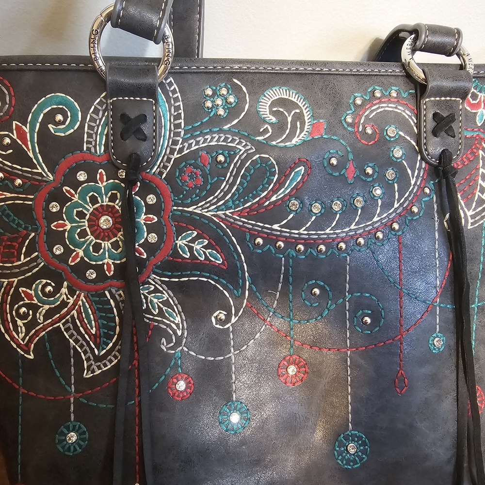 American Bling Black Embroidered Rhinestone Conceal Carry-Style Bag - Picture 3 of 6